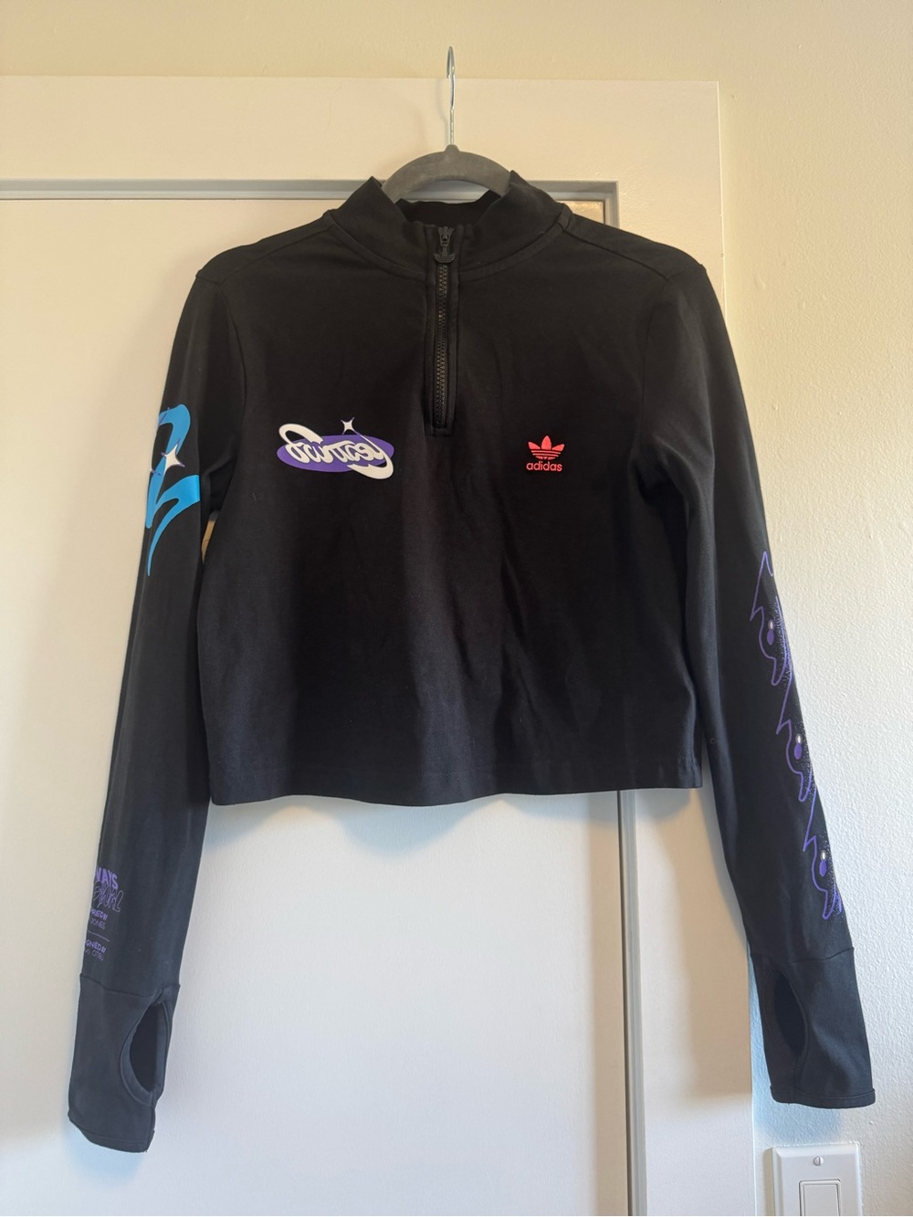 adidas Always Original Cropped 1/4 Zip Long Sleeve Top Black Medium